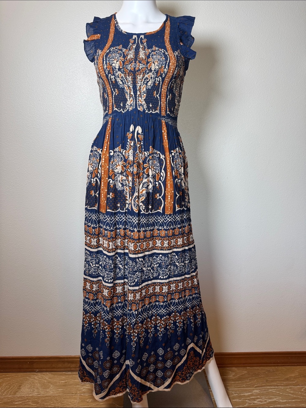 Patrons of Peace Boho Maxi Dress Blue Orange Print Ruffle Sleeve Open Back Small